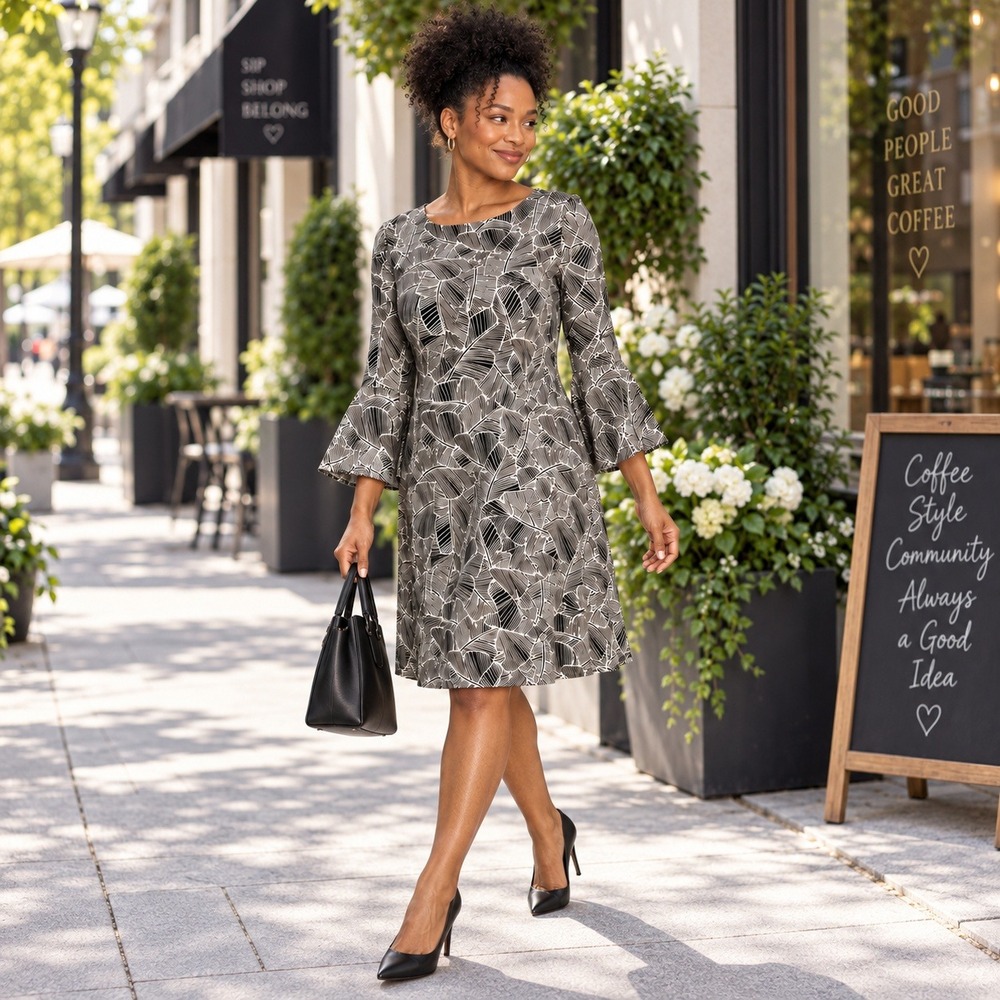 Tommy Hilfiger Womens 6 Black White Palm Leaf Botanical Bell Sleeve Shift Dress - Picture 16 of 16